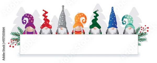 Fototapeta Wichtel mit bunten Mützen halten weißes Banner - weihnachtliche Vektor Illustration