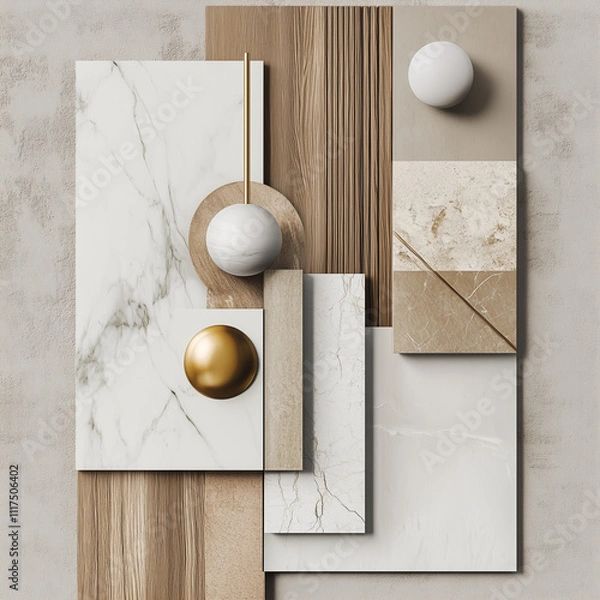 Fototapeta create an interior design material mood board of matural textures including white marble, light color wood, and one gold fixture, overlap the texture panels to create a more dynamic composition