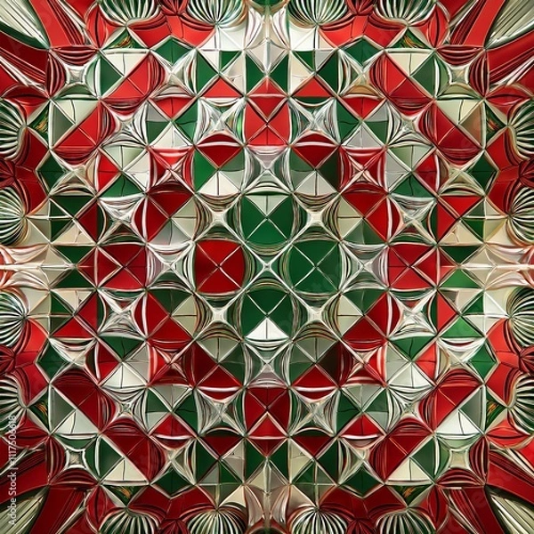 Fototapeta Christmas themed red and green kaleidoscope pattern creating festive background