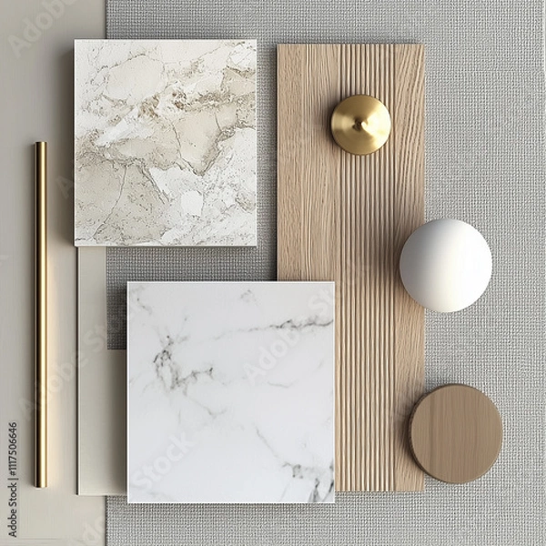 Fototapeta create an interior design material mood board of matural textures including white marble, light color wood, and one gold fixture, overlap the texture panels to create a more dynamic composition