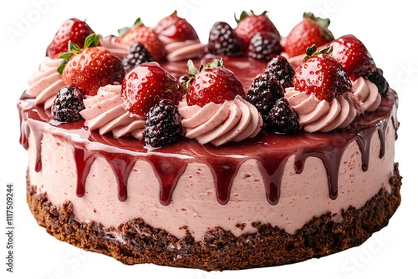 Fototapeta A berry cake with piped pink frosting, artfully topped with strawberries and blackberries, featuring a rich, berry-flavored glaze, set against a transparent background