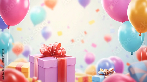 Fototapeta Valentine's day gift. Happy Mother's Day, birthday, International women's day banner template, Banner design with present box and hearts on red background.
