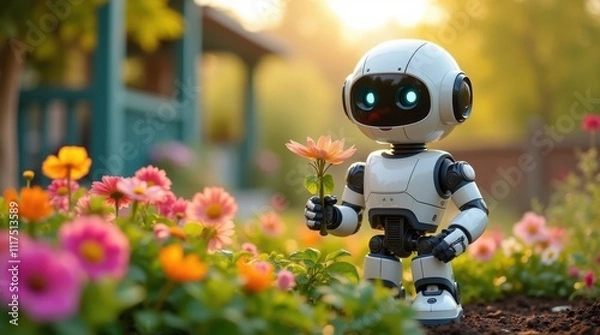 Fototapeta A Friendly Robot Tending to a Vibrant Flower Garden