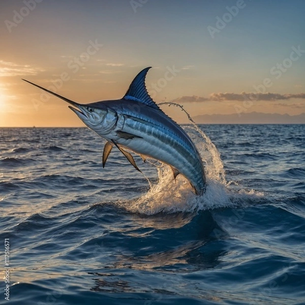 Obraz A sleek blue marlin breaching the ocean's surface at sunset.