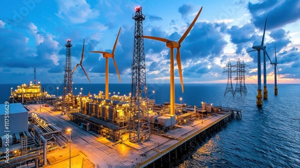 Fototapeta Offshore wind turbines and oil platform at sunset