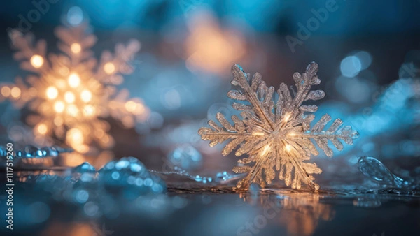 Obraz Floating luminous snowflakes glowing in vibrant cyan and white, surrounded by soft misty light effects