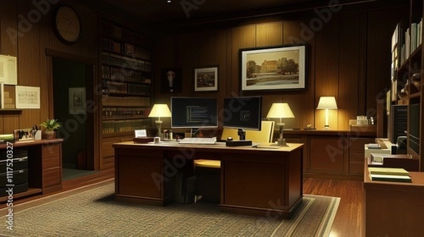 Fototapeta Elegant Wood Paneled Office With Computer Setup