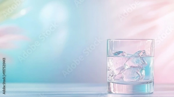 Fototapeta Single Glass of Water with Ice on Colorful Soft Background