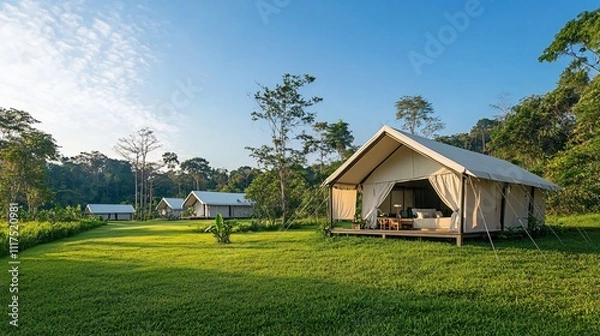 Fototapeta A peaceful campsite with tents set up on the vast grassland, offering a serene and natural environment for camping, relaxation, and outdoor adventures in the heart of nature.