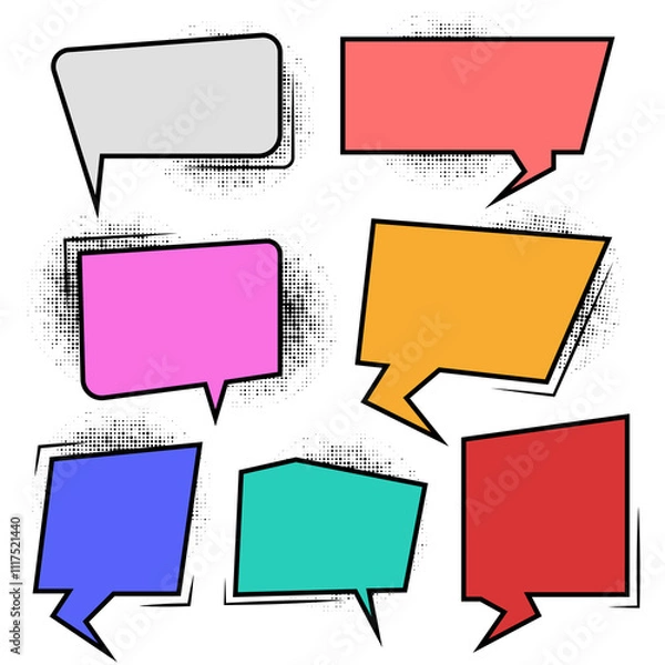 Fototapeta set of comic speech bubbles and elements balloon communication message set with black halftone shadows pop art style on isolated background