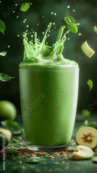 Fototapeta Refreshing Green Smoothie Illustration with Splashing Effect and Fresh Ingredients