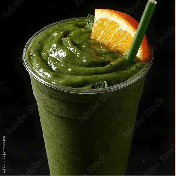 Fototapeta Refreshing Green Smoothie in a Plastic Cup with Orange and Mint Garnish - A Vibrant Food Photo
