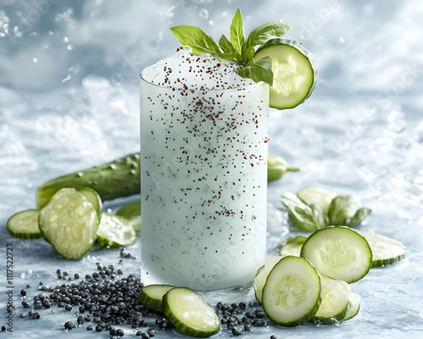 Fototapeta Refreshing Cucumber Basil Smoothie???A?Cool?and?Creamy?Summer?Drink?Illustration