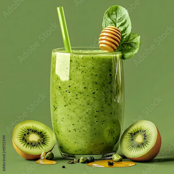 Fototapeta Refreshing Kiwi Spinach Smoothie 3D Illustration with Honey