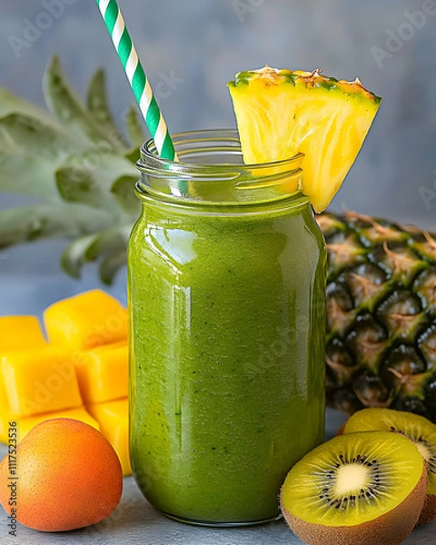 Fototapeta Refreshing Green Smoothie Recipe with Pineapple, Mango, and Kiwi - A Delicious and Healthy Drink, Realistic Photo