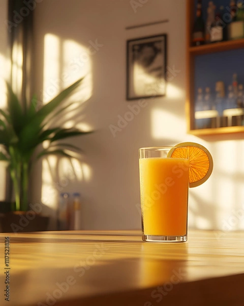 Fototapeta Sunlit Orange Juice 3D Render: A Refreshing Glass on Wooden Table
