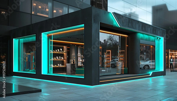 Fototapeta Modern boutique with a charcoal facade and neon teal lighting. The bright accents add a vibrant touch to the sleek, high-definition urban setting