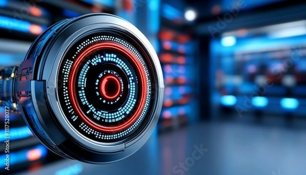 Fototapeta cybersecurity solutions concept. A futuristic, circular interface glows with vibrant blue and red lights, set against a high-tech background, suggesting advanced technology or virtual reality.