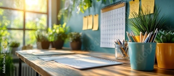 Fototapeta Sunlit workspace with plants, calendar, and stationery.