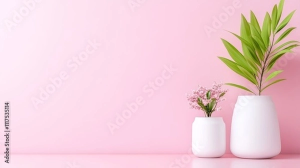 Obraz Minimalist 3D Models of Plants in White Vases on Pink Background