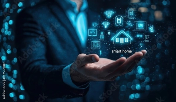 Fototapeta Businessman presenting smart home technology innovations and icons