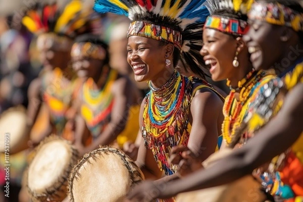 Obraz Colorful cultural celebration featuring dancers and drummers in traditional attire at an outdoor festival