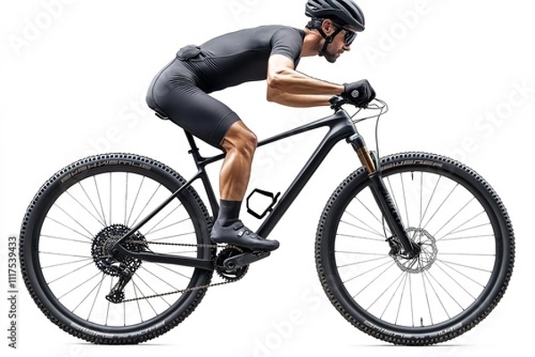 Fototapeta Professional cyclists ride sleek, black mountain bikes of excellent quality, isolated on a white background. Generative Ai