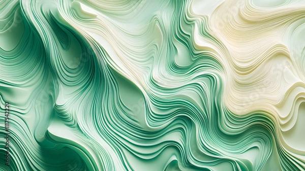 Fototapeta Abstract wavy patterns with green and cream colors create a soothing visual experience in this artistic representation