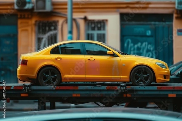 Fototapeta The flatbed truck with a brand-new yellow automobile, Generative AI.