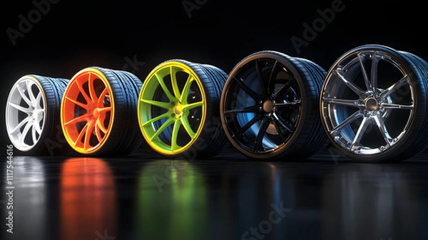 Fototapeta Stylish car wheels display showcasing vibrant colors and unique designs in a studio setting