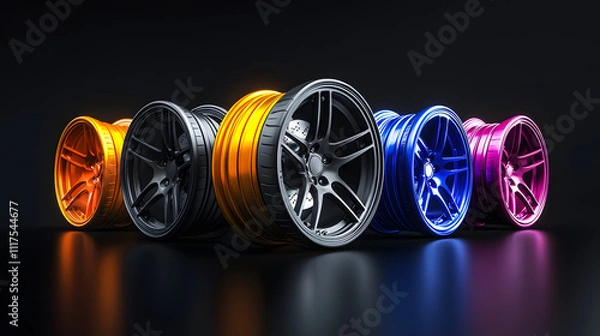 Fototapeta Colorful alloy wheels lined up in a striking display against a dark background