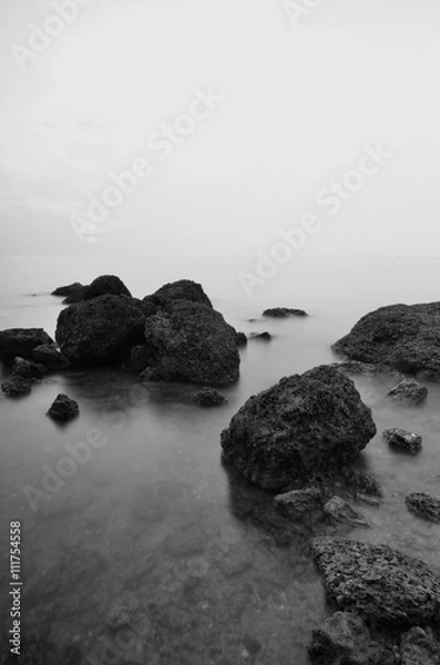 Obraz black and white image of rock over the beach background with soft wave