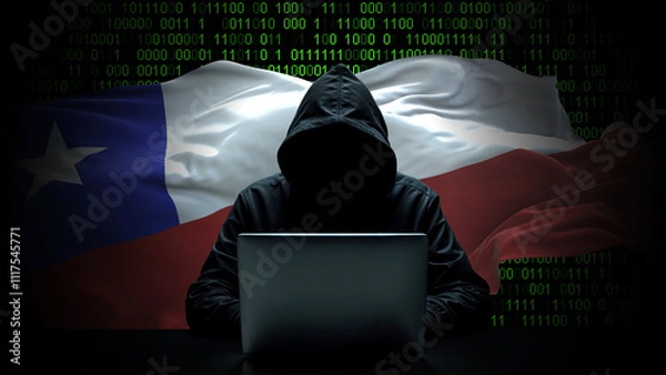 Obraz Chile flag - 3D realistic waving flag on matrix digital background with binary code