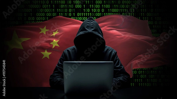 Fototapeta China flag - 3D realistic waving flag on matrix digital background with binary code