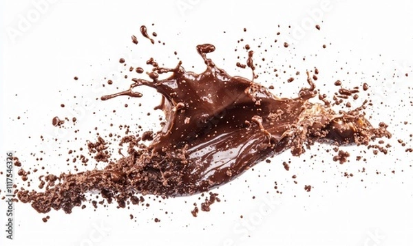 Fototapeta Liquid chocolate flowing smoothly on a clean white background, highlighting richness and indulgence, perfect for dessert and confectionery themes.
