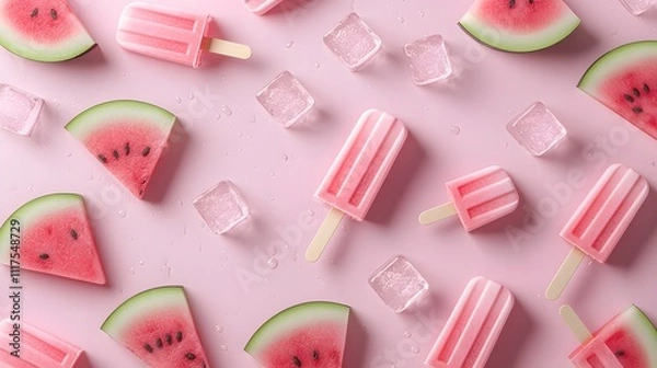 Fototapeta Watermelon refreshment pattern. A vibrant, colorful arrangement featuring watermelon slices, ice cubes, and pink popsicles on a pastel pink background.