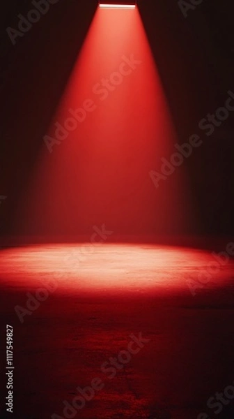 Fototapeta Red stage with dynamic lighting on a red background, featuring a spacious product display area, ideal for festive opening ceremonies and automotive advertisement concepts.
