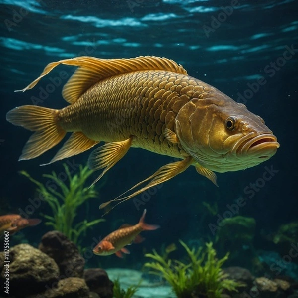 Obraz A golden arowana fish swimming regally in a serene aquarium.
