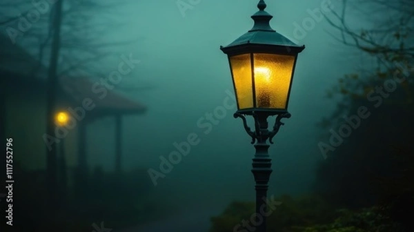 Fototapeta Illuminated Lamppost in a Misty Night Setting