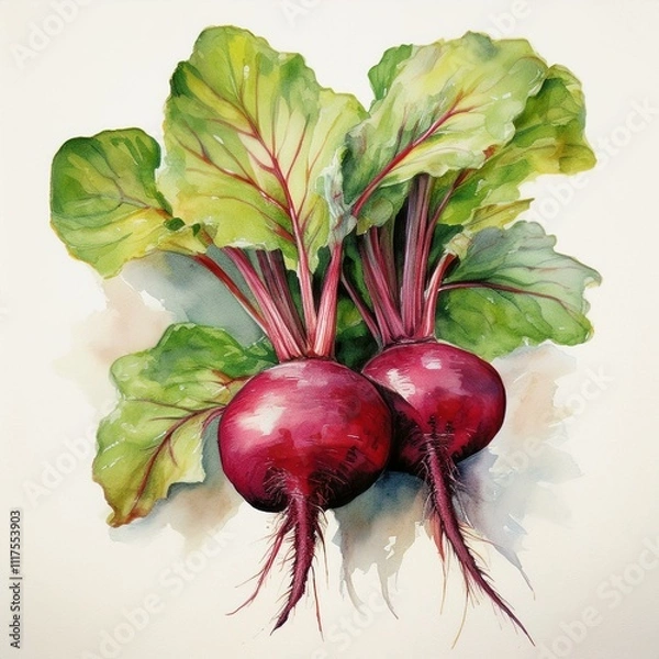Obraz A vibrant watercolor depiction of beets ideal for food blogs, packaging designs, and organic branding