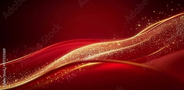 Fototapeta Luxurious yellow silk and ribbon adorned with golden sparkles on a rich red background, creating an opulent and elegant atmosphere with ample white space.