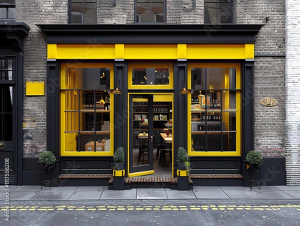 Fototapeta Stylish storefront featuring yellow and black highlights against an old brick facade. The vibrant, chic design creates a dynamic urban look