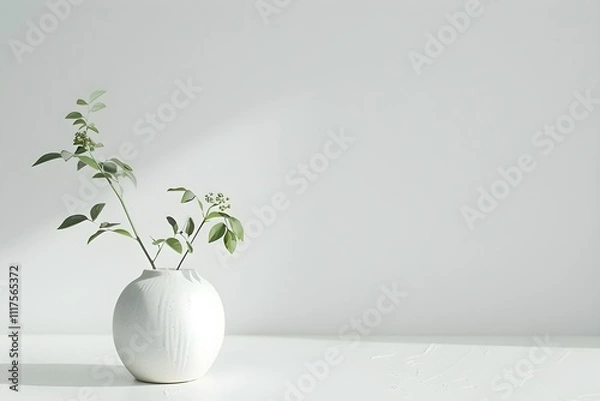 Fototapeta A white vase with a plant in it sits on a white table