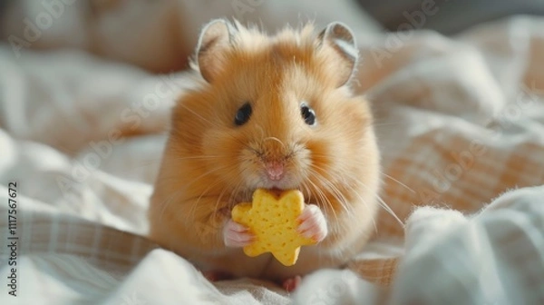 Fototapeta Cute fluffy hamster holding a star shaped cookie while sitting on a bed with cozy blanket, adorable fluffy pet a adorable, companion and comfort, feeding and playful of animal.