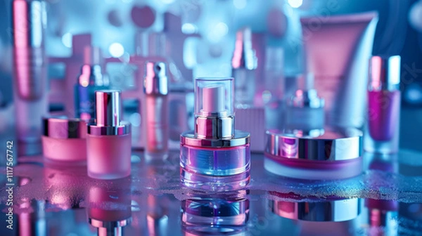 Fototapeta A collection of futuristic skincare products displayed with neon lighting and reflective surfaces, cosmetic packaging for rejuvenation for dermatology of feminine, lotion or cream.