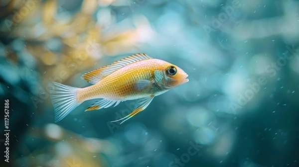 Fototapeta A vibrant fish gracefully swims in blue water, surrounded by a bokeh background in an underwater.