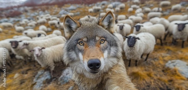 Obraz A wolf taking a selfie among a flock of sheep, symbolizing duplicity, deceit, and the situation where an enemy pretends to be a friend. The scene is filled with irony and allegory