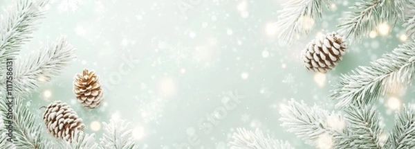 Obraz Winter-themed background with pine cones and snowflakes