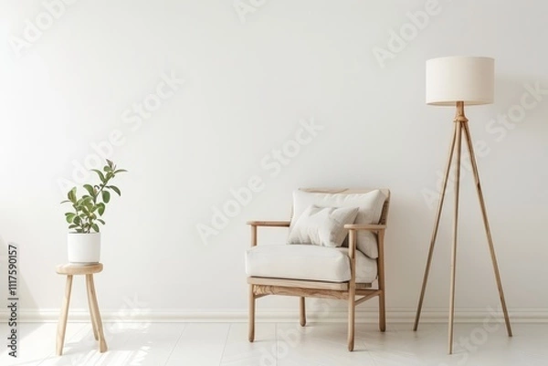 Fototapeta A minimalist living room interior with a wooden armchair. a floor lamp. and a potted plant on a wooden stool