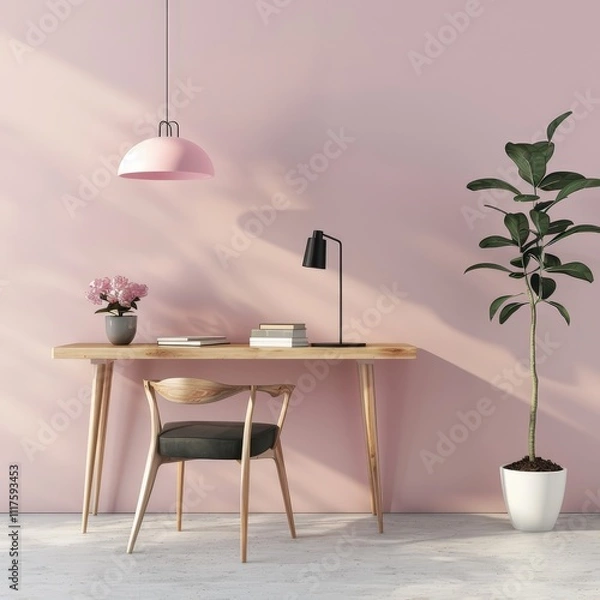 Obraz Minimalist workspace with a pink wall. wooden desk. black chair. and a potted plant